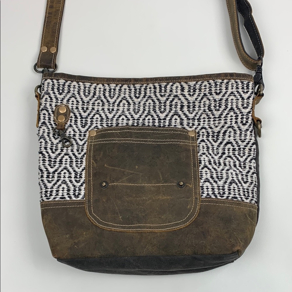 Myra Bag Cotton Leather Brown White  Patterned Shoulder Bag Zip close Brass NEW